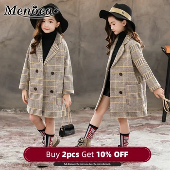 

Menoea Girls clothes autumn winter 2020 Korean edition tartan coat big Children's tweed Woolen coat in beige check coats Clothes