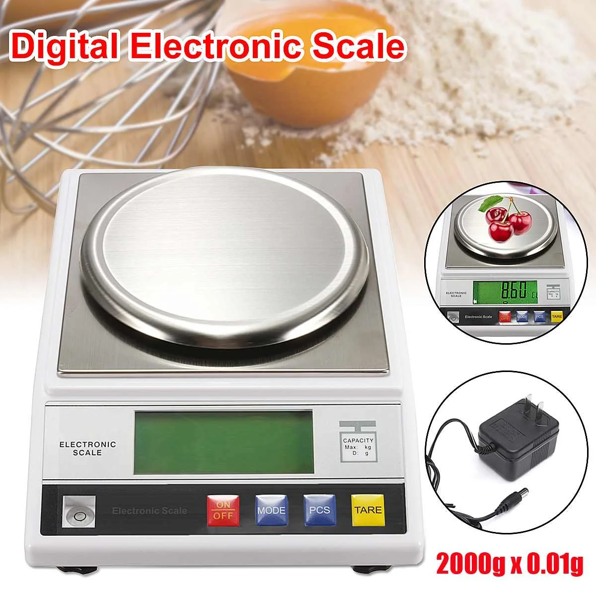 

7.5V DC 200mA 2kg LCD Digital Electric Scale Jewelry Weight Balance Gram with US Plug Adapter