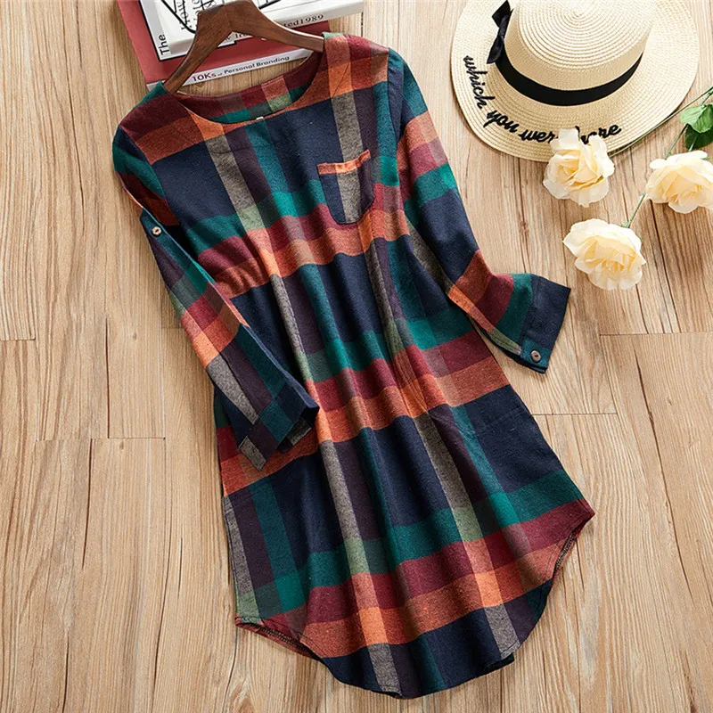 Модное женское платье плюс Размеры 2019 Новинка Одежда в клетку с длинными