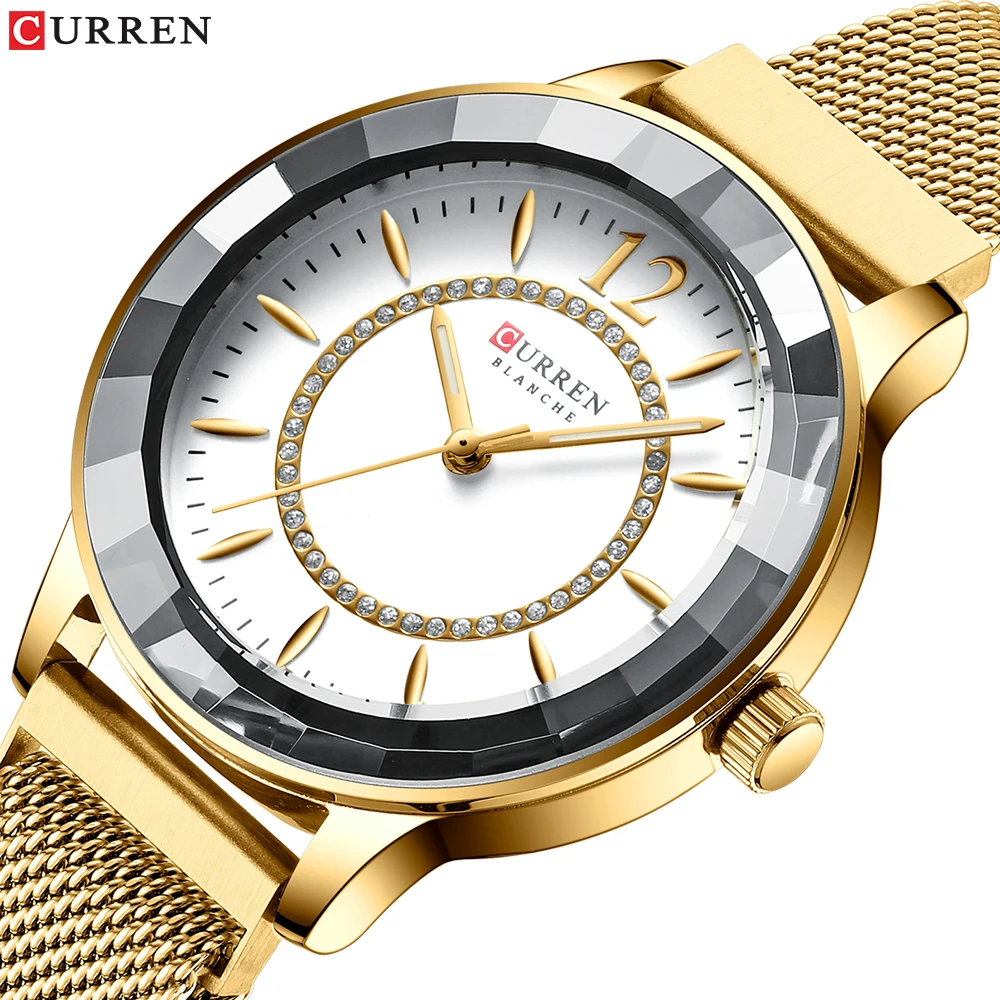 

CURREN Golden Feminino Ladies Quartz Watch Rhinestone Slim Simple Analog Stainless Steel Mesh Band Women Dress Watches Relogios