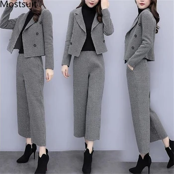 

2019 Autumn Winter Woolen Two Piece Sets Outfits Women Plus Size Woolen Coat And Wide Leg Pants Suits Elegant Office Korean Sets