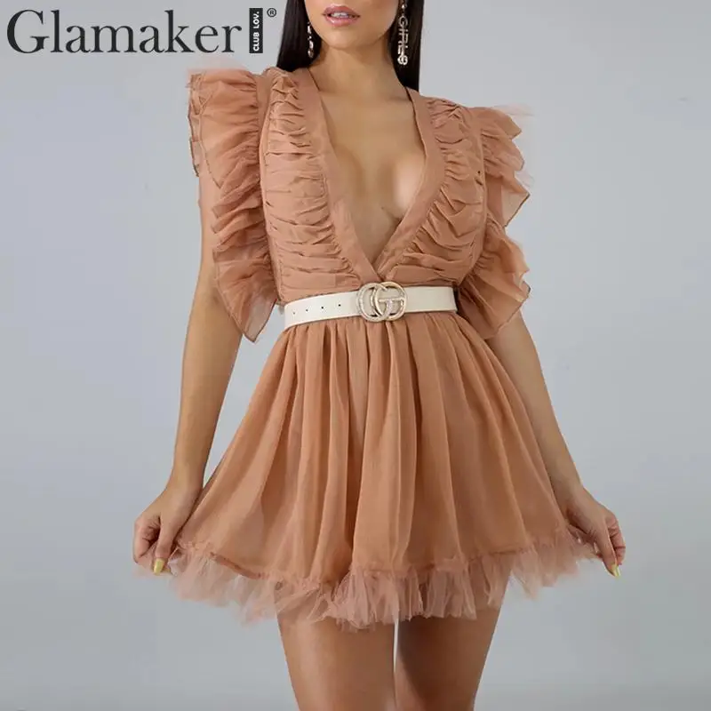 Glamaker однотонное Сетчатое мини-платье с v-образным вырезом для женщин в стиле пэчворк, с оборками, с высокой талией, элегантное платье для женщин на осень и зиму, сексуальное платье