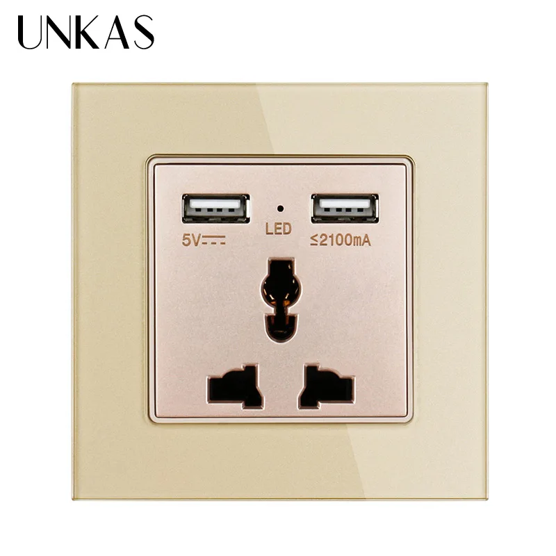 UNKAS зарядное устройство с двумя usb-разъемами для мобильных устройств, розетка стандарта Великобритании, настенная розетка с 3 отверстиями, розетка с 2100ма - Тип: Gold