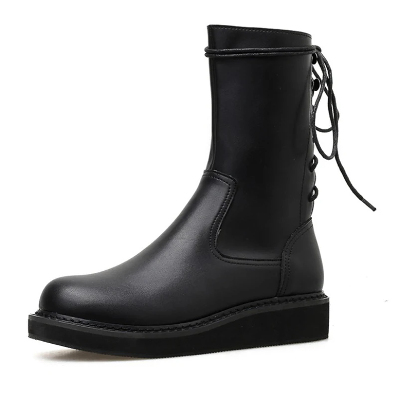 winter retro martin boots women British style flat bottom lace tie mid-calf motorcycle booties side zip riding botas female