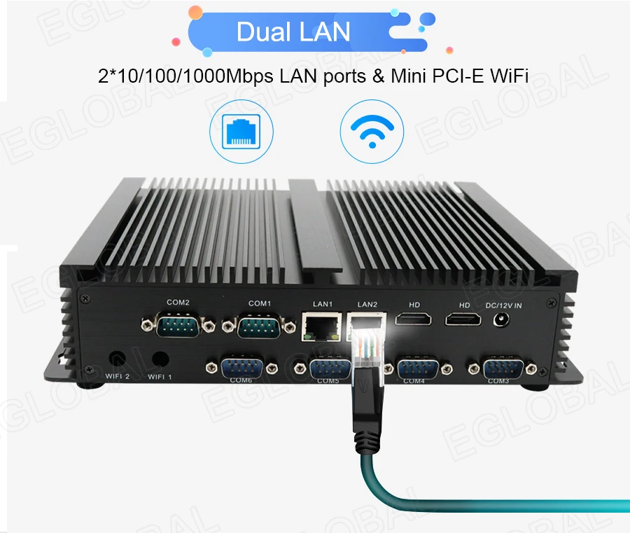 Elevate Your Workspace with Eglobal Industrial Mini PC - Intel Core i3/i5, 2 RJ45 LAN, 2 HDMI, Linux Desktop Computer, 6 RS232 COMs, 8 USB, Windows Ready Description Image.