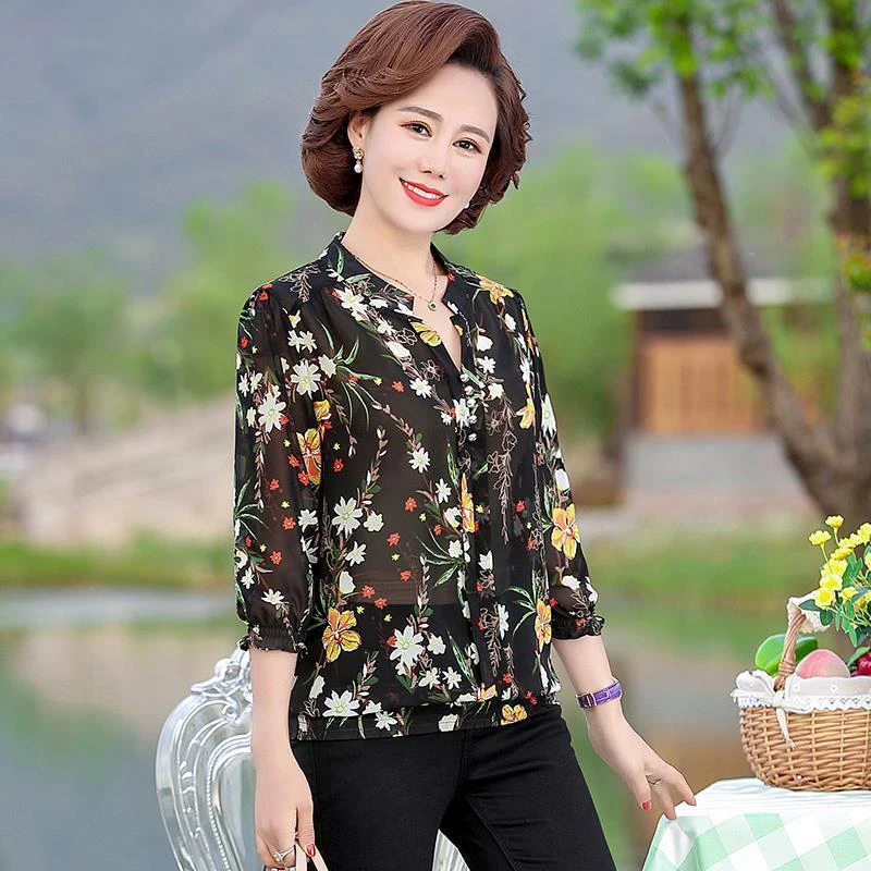 Blusa informal de gasa con estampado floral para primavera y camisa con cuello en V para mujer, DF3796 - AliExpress Ropa de mujer