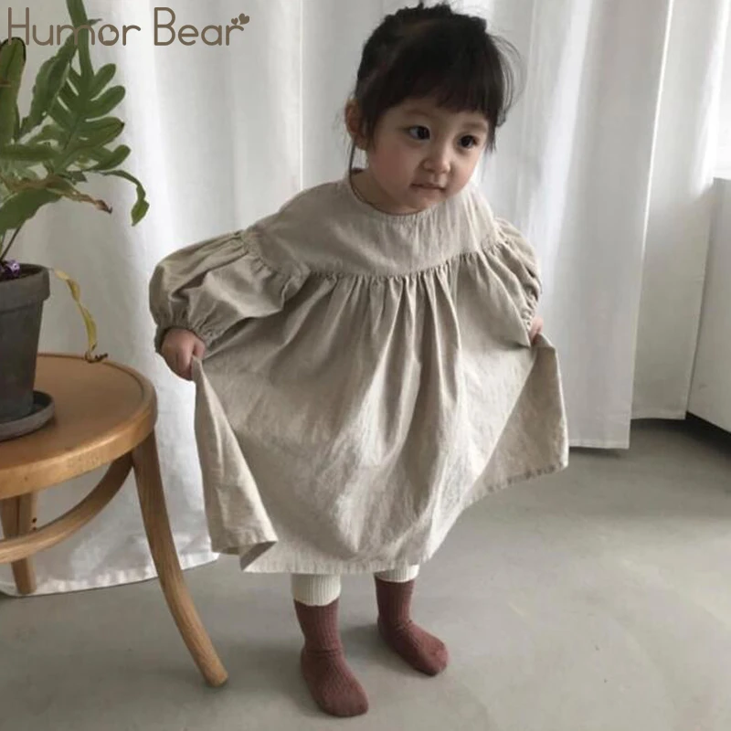 Humor Bear/Детские платья для девочек; Новинка года; сезон весна-осень; хлопковые и льняные платья принцессы с рукавами-фонариками для маленьких девочек