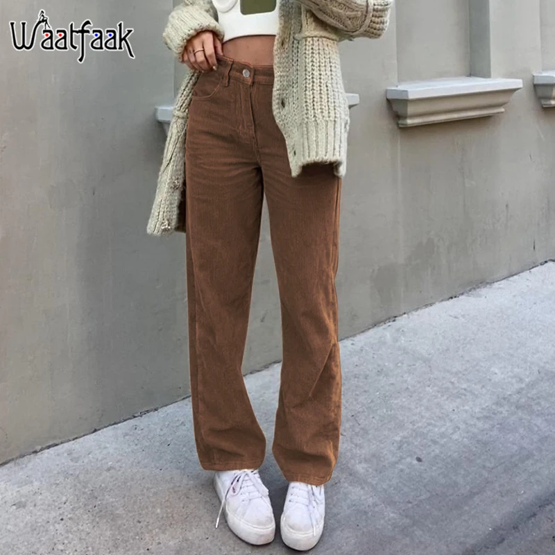 Pantalones Vintage holgado Casual marrón Mujer Pantalones de pana 90 estética bolsillos Y2K pantalones Harajuku coreano pantalones de cintura alta