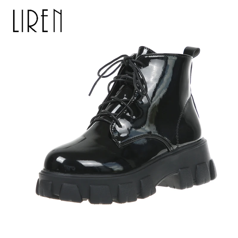 

Liren 2019 Spring/Autumn PU Women Boots Fashion Sexy Ankle Lace-up Boots Round Wrapped Toe High Square Heels Lady Boots