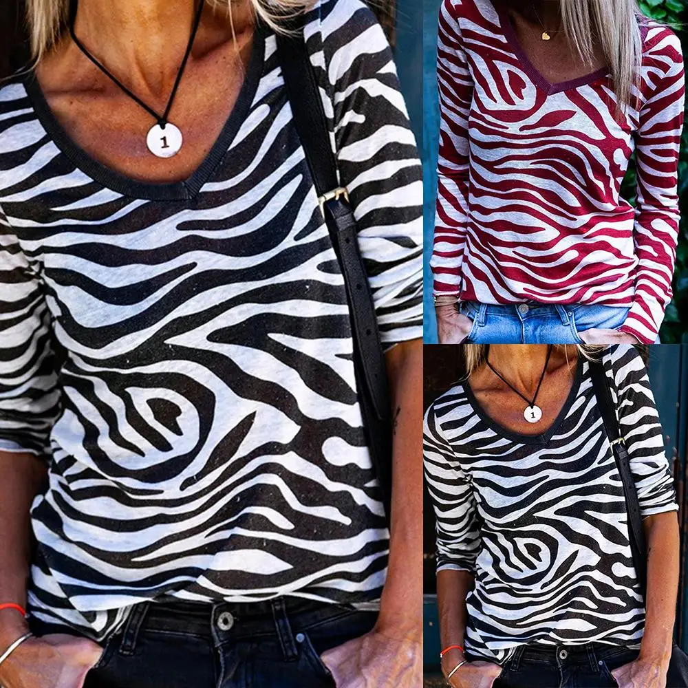 

2019 Autumn Fashion V Neck T-shirt Women Casual Zebra Striped Tops Pullovers Female Loose Solid Streetwear Top Mujer Hot Selling