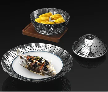

1PC Folding Dish Steam Stainless Steel Food Steamer Basket Mesh Vegetable Cooker Steamer Expandable Pannen Kitchen Tool XB 074