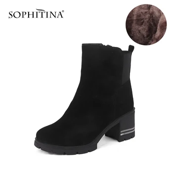 

SOPHITINA Wool Women's Boots High Quality Kid Suede Comfortable Round Toe Square Heel Solid Zipper Shoes New Handmade Boots C227