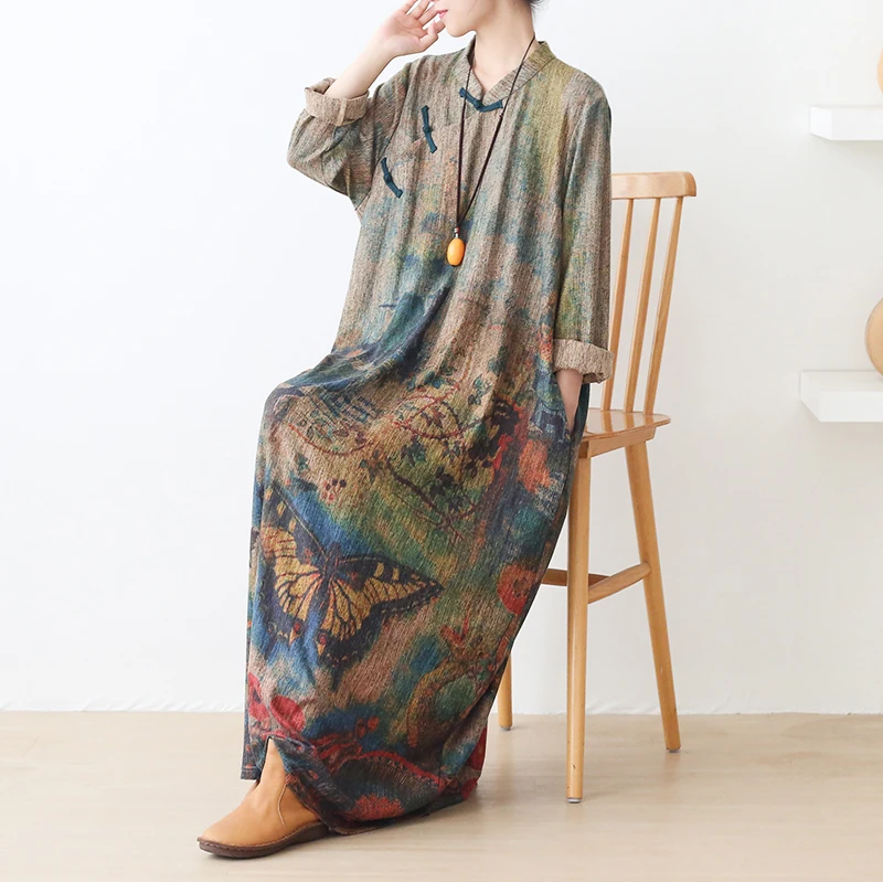 New Autumn Maxi Dresses for Women Vintage Loose Long Sleeve Dress Women Knitting RetroRabbit Hair Printed Robe Winter Vestidos