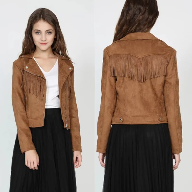 

2018 Spring New Style Suede Short Locomotive Casual Jacket Spring And Autumn Fold-down Collar Slim Fit Tassels Coat Women's Fash