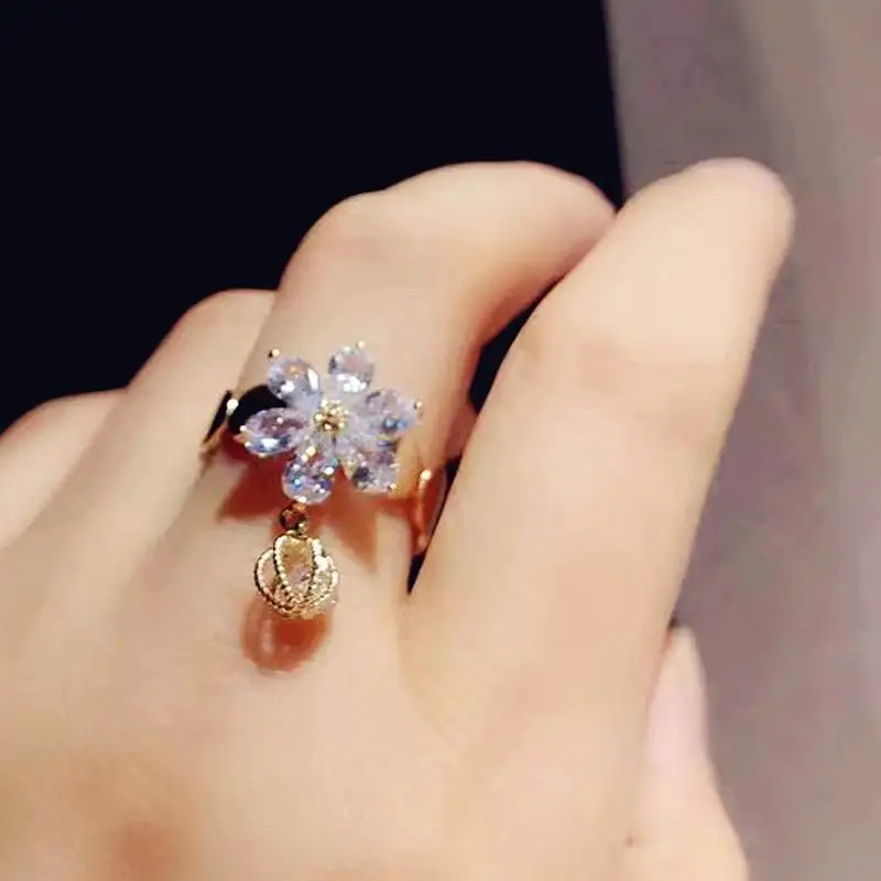 

2020 New Lucky Ball Zircon Flower Rings For Women Korean Styles Adjustable Open Ring Bijoux Gifts