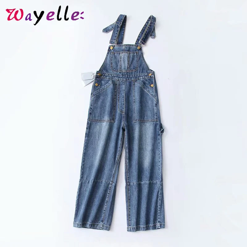 

Overalls Jeans Woman 2019 Korean Wide Leg Pants Jeans Women Chic Distressed Jeans Pockets Overalls Boyfriend Jeans for Women