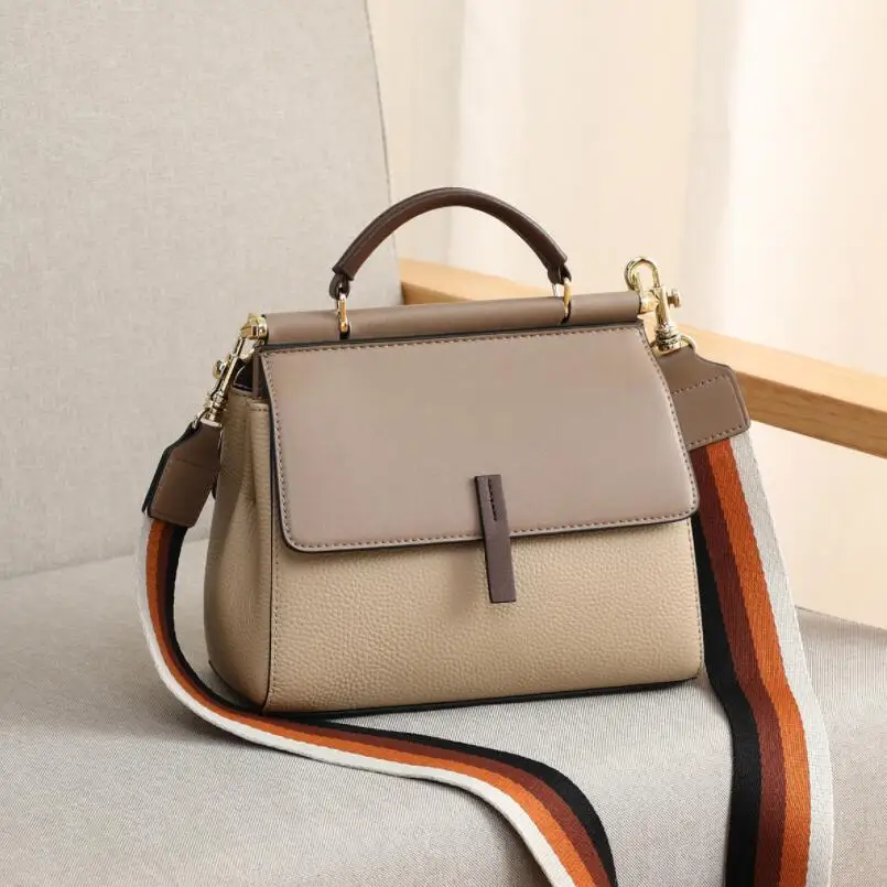 

Genuine Cow Leather Women Handbags Popular Contrast Color Tote Shoulder Messenger Bags Luxury Designer Crossbody Bag Two Straps