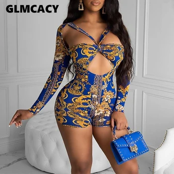 

Women Floral Printed Long Sleeve Low Cut Bodycon Romper Sexy & Club Chic Plus Size Playsuits