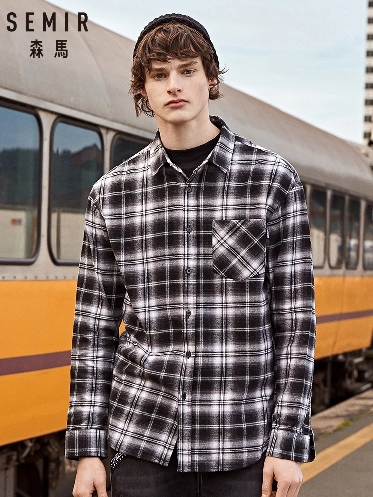 SEMIR мужские Зимние новые черные и белые клетчатые повседневные модные рубашки с длинным рукавом Корейская версия трендовые ретро рубашки мужские