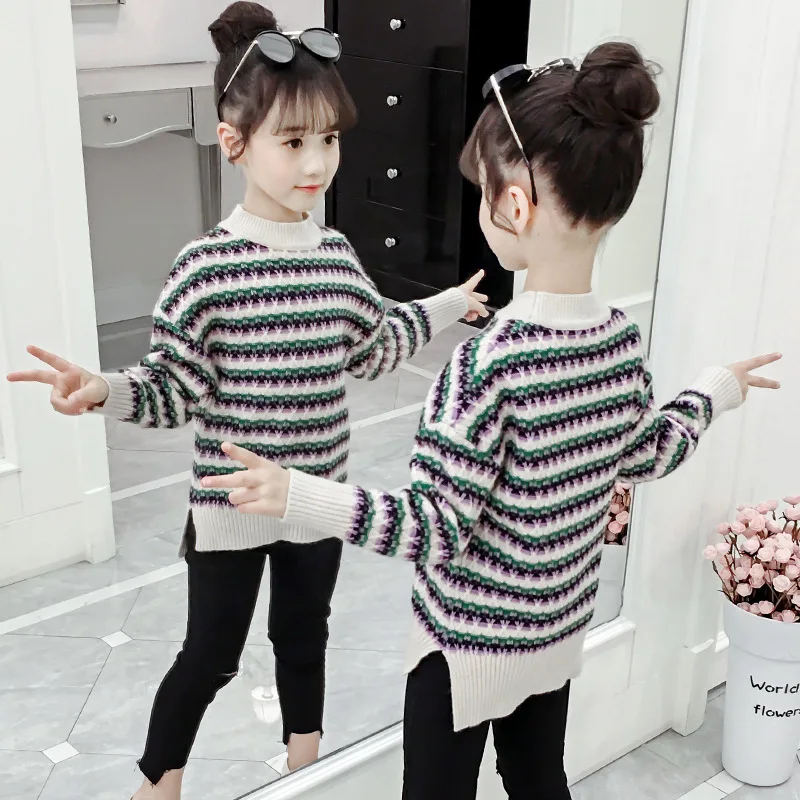 Осенний свитер для девочек; детский пуловер из плотного полиэстера в Корейском стиле; Детский Зимний пуловер; модная Милая полосатая Раздельная одежда; 267