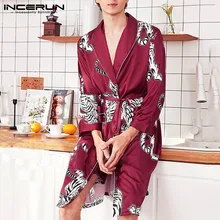 INCERUN, модные мужские халаты из искусственного шелка и атласа, длинный рукав, банный халат с принтом, ночная рубашка с отворотом, пижама с карманами, кимоно, повседневная домашняя одежда
