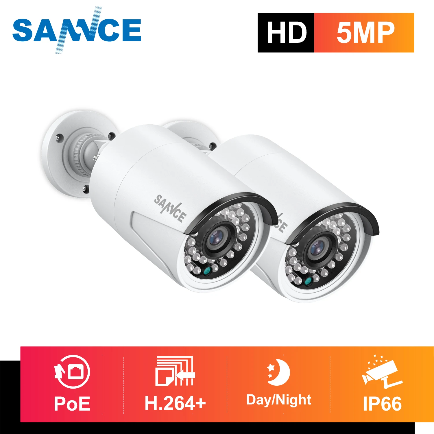 SANNCE 2PCS Ultra HD 5MP POE Camera Outdoor Indoor Weatherproof Security Network Bullet EXIR Night Vision Email Alert Camera Kit