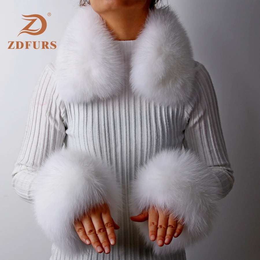 white ZDFURS* женские манжеты из натурального Лисьего меха/меха енота зимние толстые теплые модные манжеты из натурального меха с квадратным воротником один комплект - Цвет: white