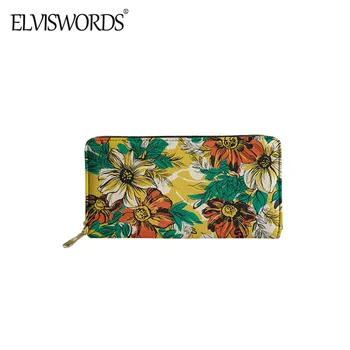 

ELVISWORDS Yellow Sunflowers Pattern Women PU Zippers Poucht 2020 New Lady Hand Drawing Style Long Wallet Portefeuille Femme