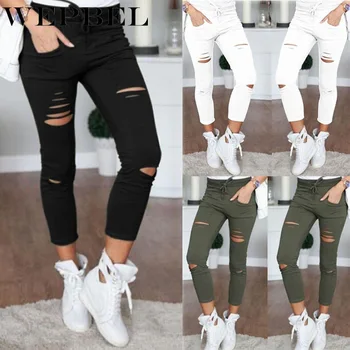

WEPBEL Women Hole leggings Ripped Pants Slim Stretch Drawstring Trousers Pants Tights Pants