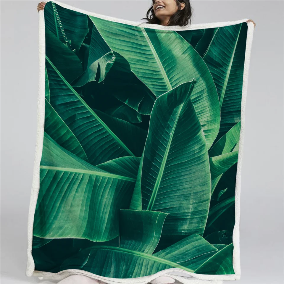 

BlessLiving Green Leaf Throw Blanket Leaves Texture Sherpa Blanket for Adult Kids Tropical Palm Foliage Plush Blanket Bedding