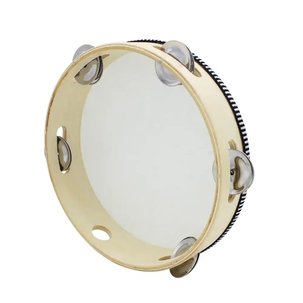 wood round hand held tambourine with bell for children