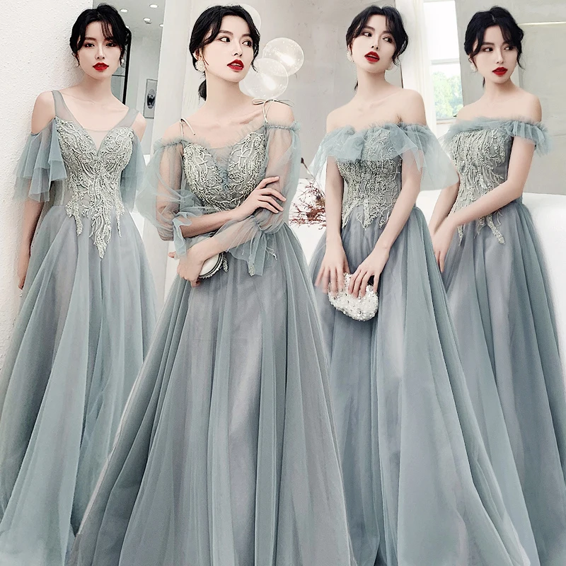 Bridesmaids Dresses Illusion Off The Shoulder Floor-Length V-Neck Embroidery Beading Lace Tulle Women Wedding Party Dress E054