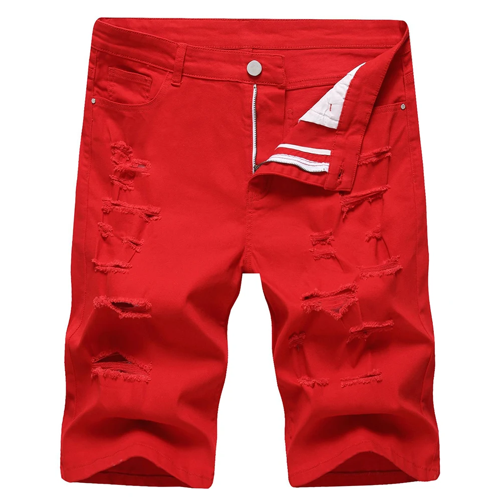 Men's Red Ripped Denim Shorts Summer 