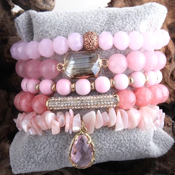 

RH Fashio Designer Beaded Bracelet Set Natural Stone & Crystal 5pc Bracelets & Bangles Set For Fashion Jewelry