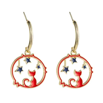 

Fashion Needle Earrings Christmas New Year Stars Cat Dangle Earrings Gold Color Circle Drop Earrings Jewelry