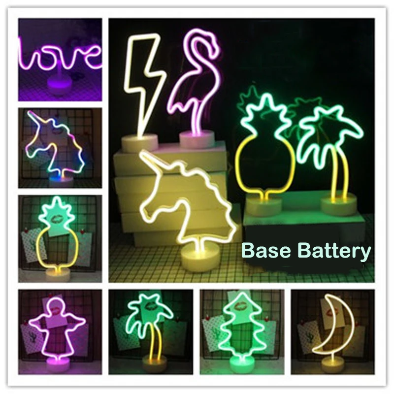 Neon Night Light with Base Battery Bedroom Decoration Atmosphere LED Lighting Multicolor Table Lamp for Holiday Christmas Decor