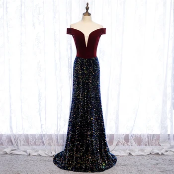 

2020 Sexy V-neck Formal Evening Dresses Fashion Sequins Off The Shoulder Party Prom Gowns With Train Host Dress Robe De Soiree