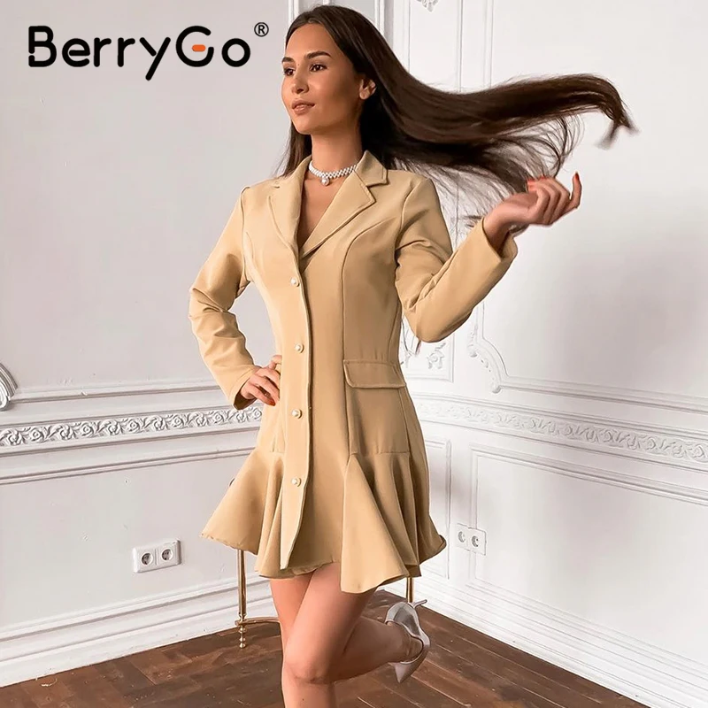 BerryGo элегантное платье-блейзер с рюшами, женское офисное короткое весеннее платье с пуговицами, ТРАПЕЦИЕВИДНОЕ женское платье-Русалка