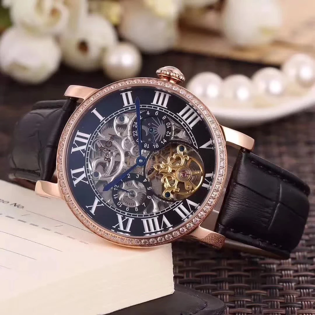 Diamond Black Роскошные брендовые Новые Мужские автоматические механические часы розовое золото алмаз черный кожаный Tourbillon MoonPhase Dual Time Sapphire - Цвет: Diamond Black