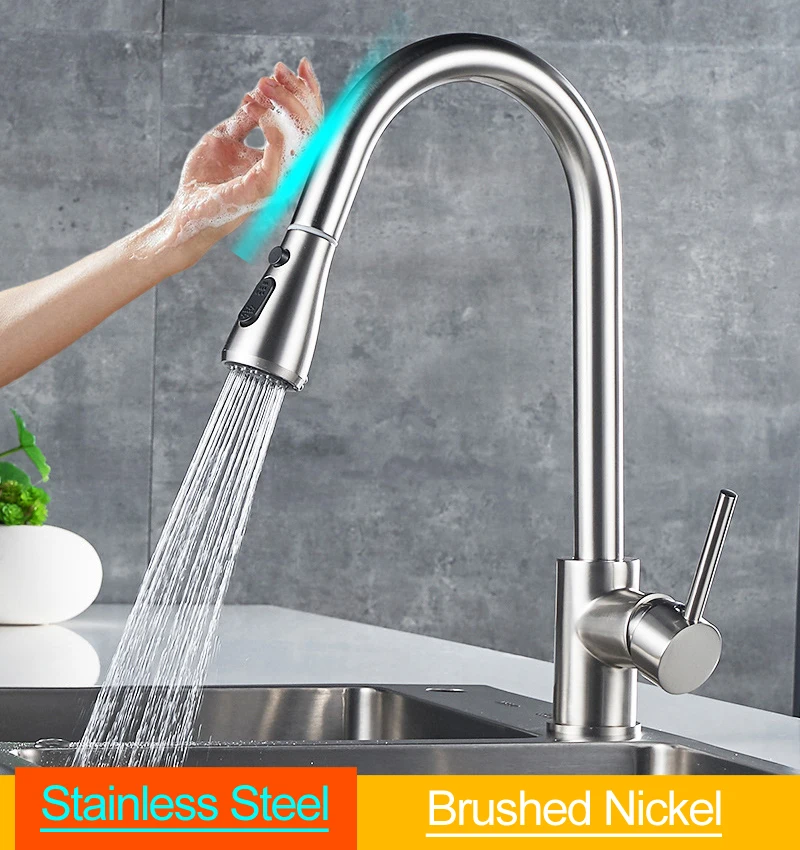 Brushed with Sensor Умная кухонная раковина, сенсорный датчик, смесители, выдвижной кран для горячей и холодной воды, индуктивные краны из нержавеющей стали, палубное крепление, автоматический кран - Цвет: Brushed with Sensor