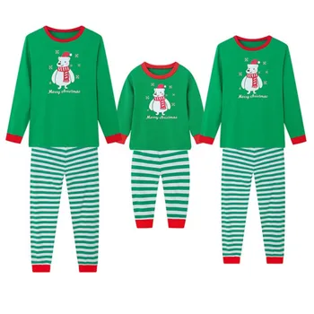 

2020 Christmas Family Matching Dad Mom Kid Pajamas PJS Set Green Snowmen Print Striped Sleepwear Nightwear Gift