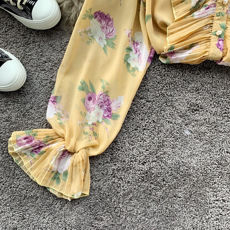 Neploe, женская шифоновая блузка, плиссированная, с оборками, из кусков, Blusas, топ, новинка, Корейская, расклешенная, с длинным рукавом, с цветочным принтом, рубашка 55846