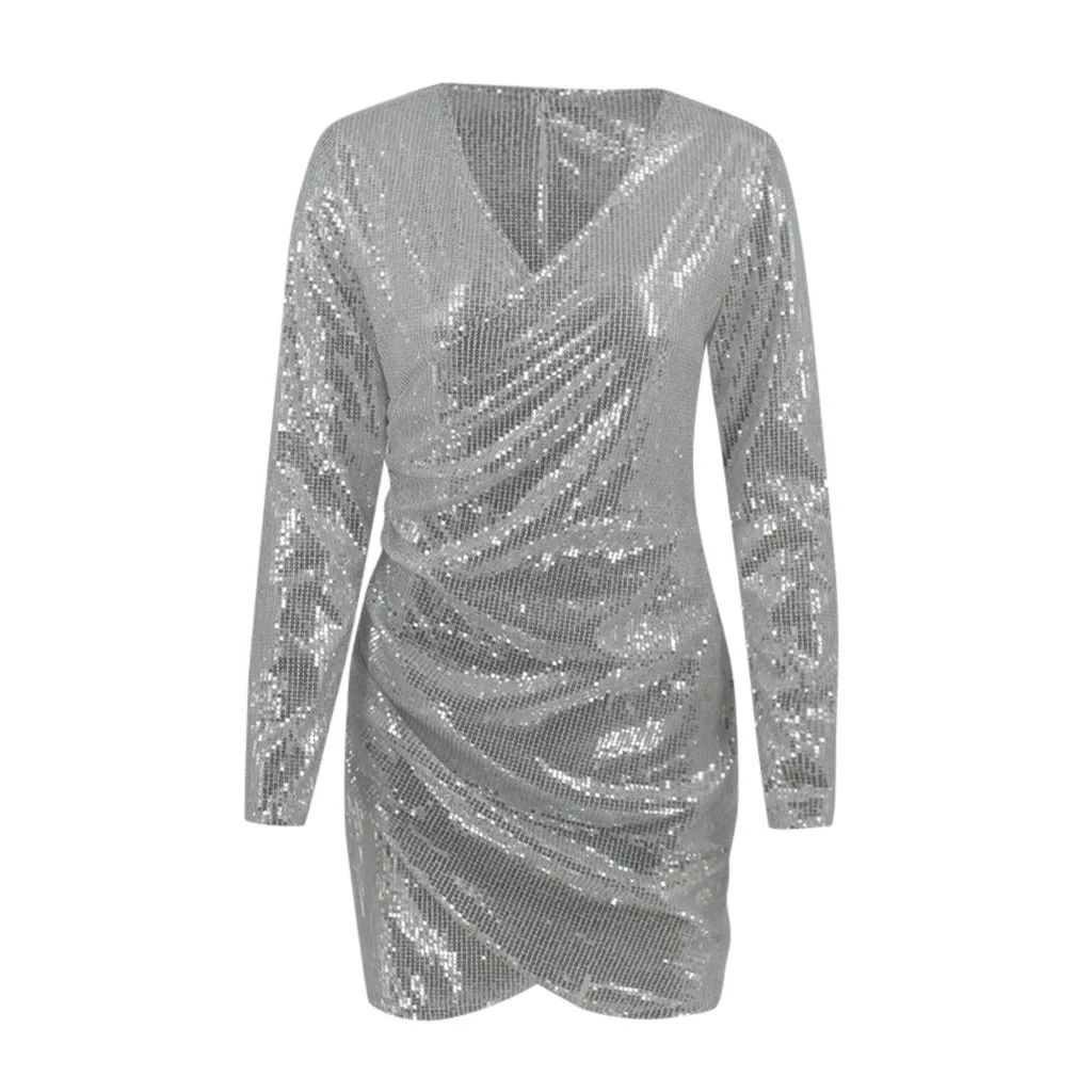 Kleider, сексуальные Серебристые блестящие платья для женщин, глубокий v-образный вырез, с блестками, мини облегающее платье, Осень-зима, длинный рукав, вечернее платье