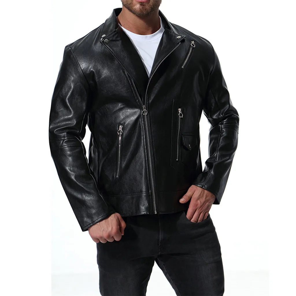 

Black Leather Jacket Men Coat Autumn Winter Casual Solid Zipper Motorcycle Jackets Stand Collar Loose Thick Coat Brand Outerwear