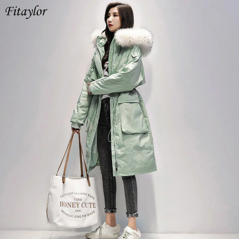 Fitaylor 2021 зимняя длинная куртка с капюшоном из искусственного меха пальто на