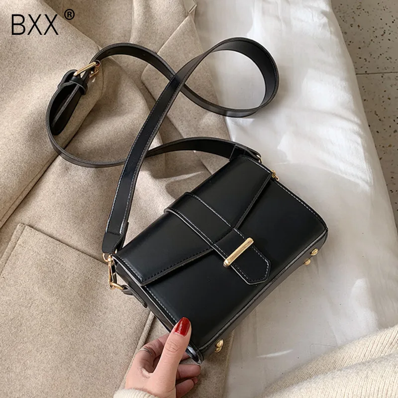 

[BXX] Women Solid Color PU Leather Wide Straps Crossbody Bags For Women 2020 Female Shoulder Messenger Bag Lady Handbags HK482