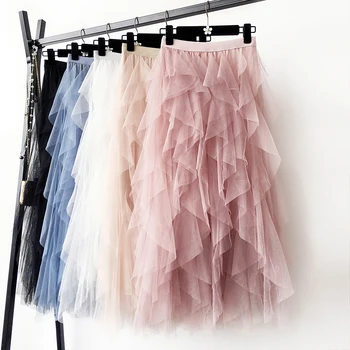 

Asymmetrical Princess Midi Tulle Skirt Pleated Dance Tutu Skirts Womens Lolita Petticoat Jupe Saia faldas Party Puffy Skirts