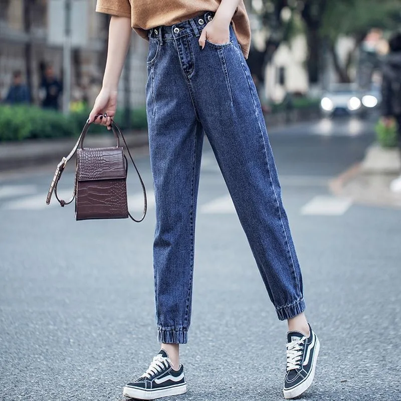 

High waisted jeans women spring 2022 new loose tight fitting waist leggings feet thin nine points harem pants ins net red trend