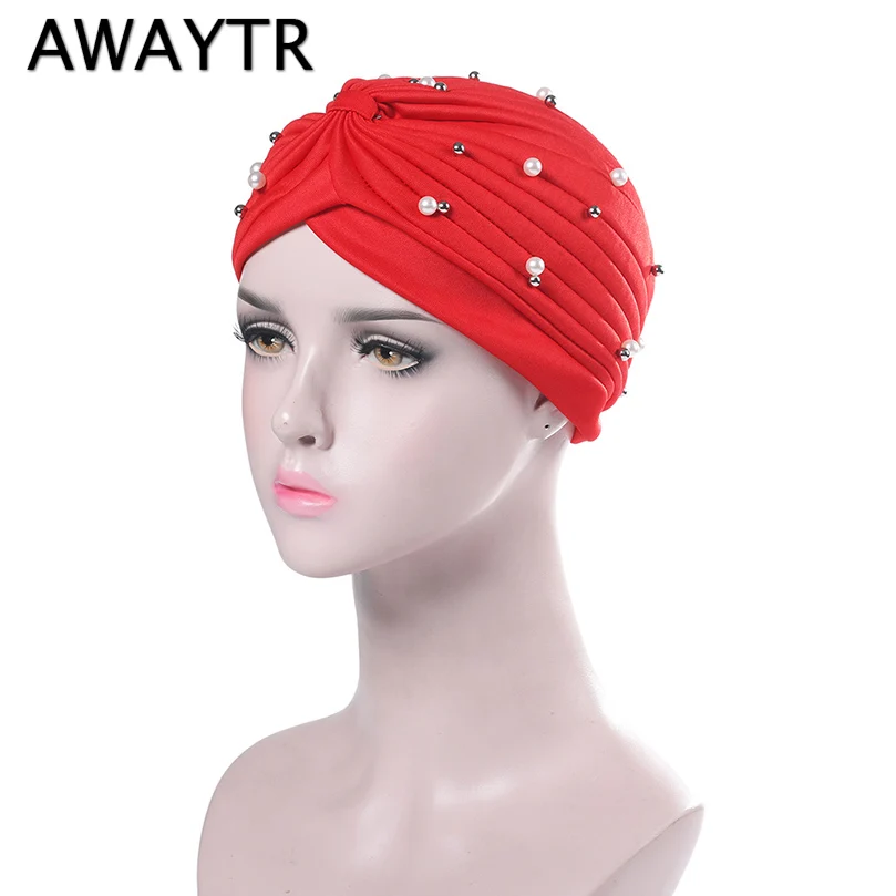 AWAYTR, новинка, банданы с жемчужными бусинами, повязка на голову, Эластичный Тюрбан, одноцветная шляпа, женская накидка, хиджаб, завязанная шапка, повязка на голову для женщин