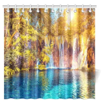 

Cottage Decor Collection, Majestic View on Turquoise Water and Sunny Beams Waterfalls in Summer Shower Curtain Set with Hooks,